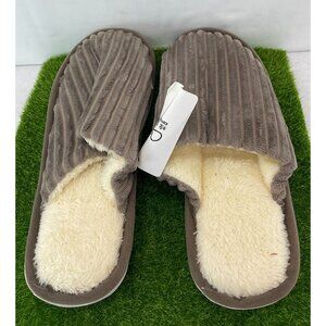 New Mens Size 42-43 Gray Ribbed Plush Slippers With Faux Fur Lining & Non-Slip S